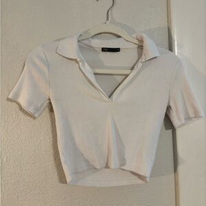 Zara Cream Ribbed Collared Crop Top